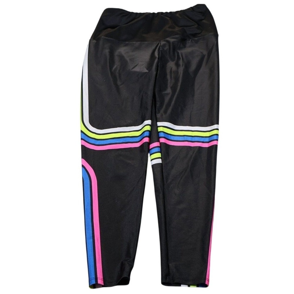 Goldsheep‎ Leggings Womens Medium Black Neon Stripe Made USA Yoga Athletic Pants